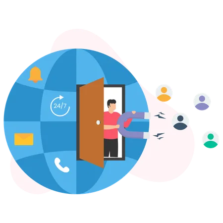 Marketer attracting customers worldwide using a large magnet and digital marketing tools  Illustration