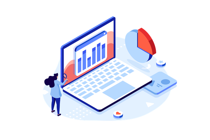 Marketer learning data analytics on laptop  Illustration