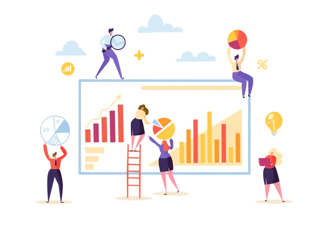 Marketing Analytics with Business People Characters Working Together with Diagrams and Graphs Illustration