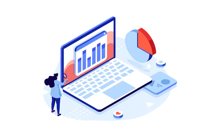 Análise de dados de aprendizagem do profissional de marketing no laptop  Ilustração