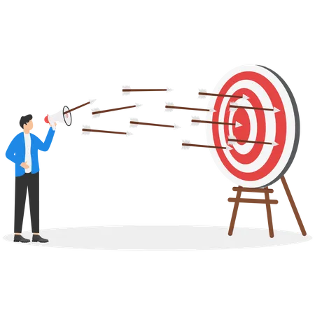 Communicate Or Advertise To Target Audience Marketing Campaign Or Promotion To Hit Business Goal Or Target Customer Concept Businessman Marketer Talk On Megaphone With Archer Hit Target Bullseye Illustration