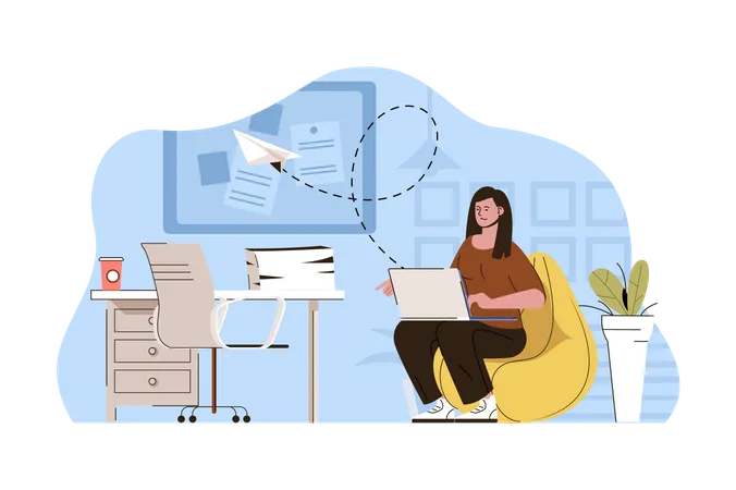 Office Worker Concept Employee Does Work Tasks Works On Laptop Sends Emails Situation Workflow Paperwork People Scene Vector Illustration With Flat Character Design For Website And Mobile Site Illustration