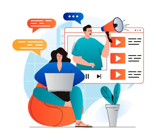 Video Marketing Concept In Modern Flat Design Blogger With Megaphone Makes Ad Integration In Video Clips Creates Advertising Content Success Online Business Promotion Strategy Vector Illustration Illustration