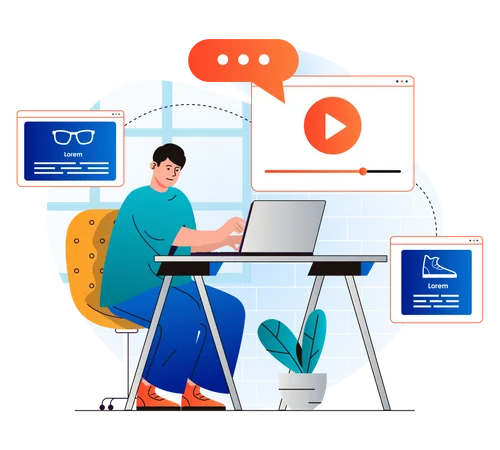 Video Marketing Concept In Modern Flat Design Man Creates Advertising Video Content Publishes And Optimizes It For Search Attracts Audience Success Online Promotion Strategy Vector Illustration Illustration