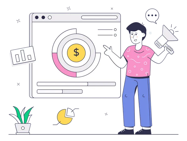 Persona Con Megafono Y Dolar Mostrando El Concepto De Ilustracion Plana De Marketing Financiero Ilustración