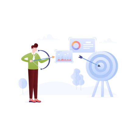 Person With Dartboard And Chart Concept Of Marketing Goals Flat Illustration イラスト