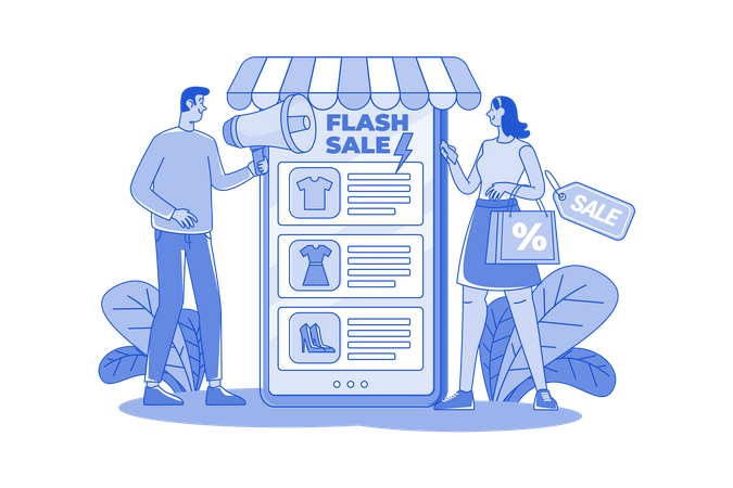 Marketing Man annonçant une vente flash en ligne  Illustration