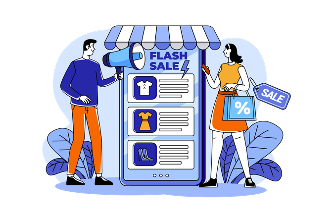 Marketing Man annonçant une vente flash en ligne  Illustration