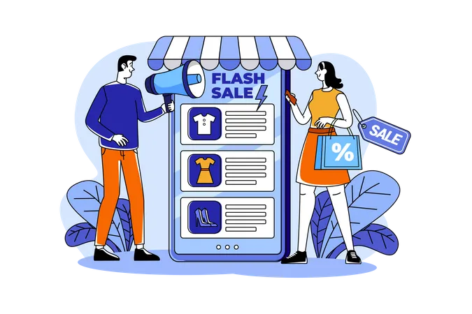 Marketing Man annonçant une vente flash en ligne  Illustration