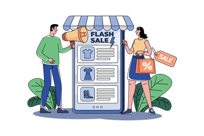 Marketing Man annonçant une vente flash en ligne  Illustration