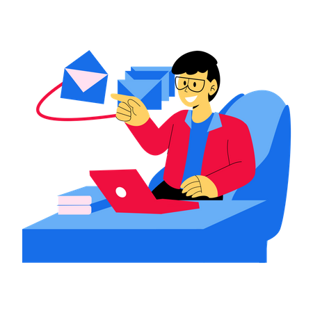 Marketingmitarbeiter versendet Marketingmails von zu Hause aus  Illustration