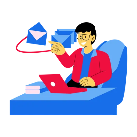 Marketingmitarbeiter versendet Marketingmails von zu Hause aus  Illustration