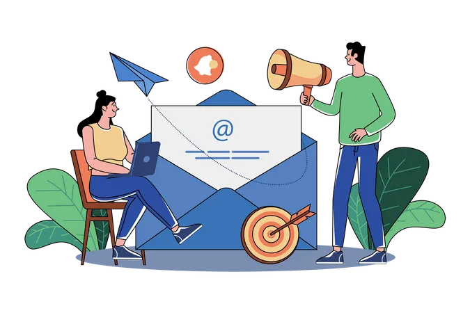 Guy And A Girl Are Engaged In Email Marketing Illustration