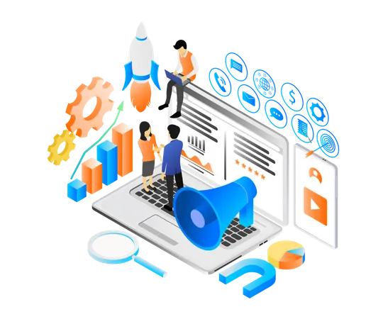 Isometric Style Illustration About Marketing Strategy With Funnel And Character Or Laptop Illustration