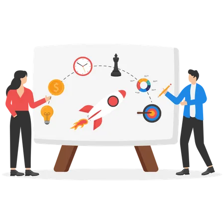 Marketing Plan Strategy Planning To Launch Product Innovation Or Idea To Develop Plan Promotion And Advertising Analyze Data For Success Concept Businessman Explain Marketing Plan On Whiteboard Illustration