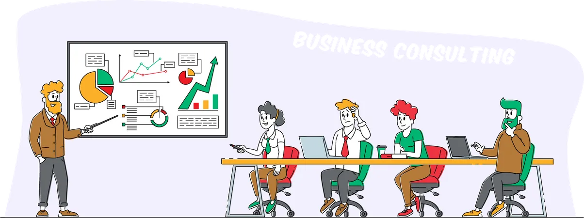 Meeting With Employees Business Consulting Company Leader Or Coach Character Pointing On Charts And Graphs Explaining Company Strategy And Financial Indicators Linear People Vector Illustration Illustration