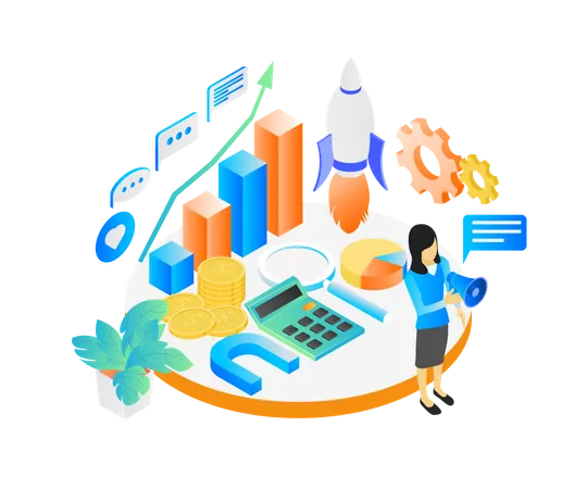 Isometric Style Illustration About Marketing Strategy With Rocket Character And Graph Bar Illustration