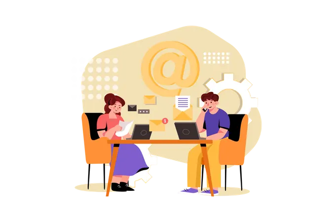 Marketing trabajando en marketing por correo electrónico  Ilustración