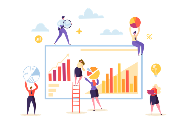 Marketinganalyse mit Geschäftsleuten, die mit Diagrammen und Grafiken zusammenarbeiten  Illustration