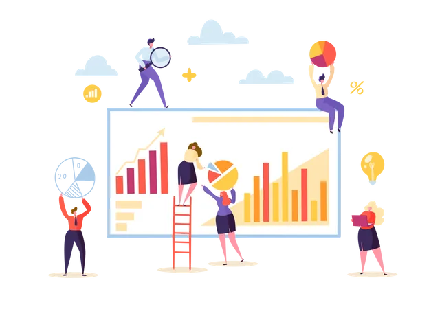 Marketinganalyse mit Geschäftsleuten, die mit Diagrammen und Grafiken zusammenarbeiten  Illustration