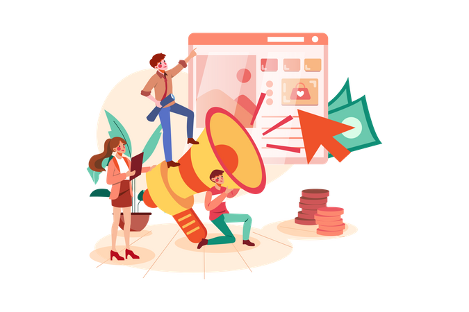 Marketingteam arbeitet an produktbasierter Werbung  Illustration