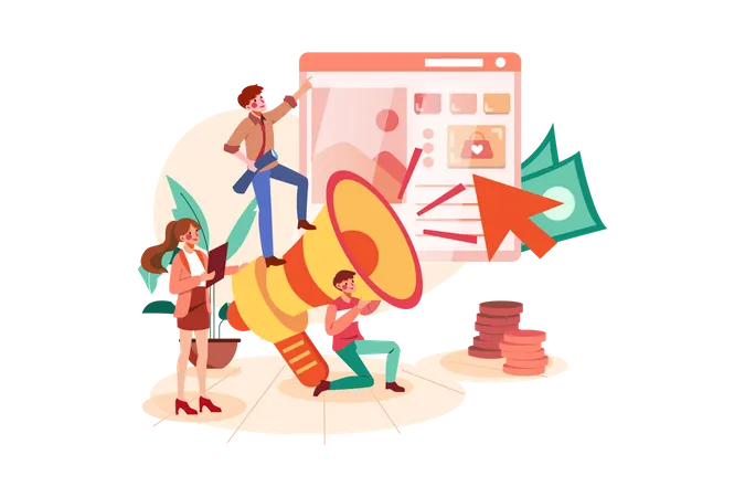 Marketingteam arbeitet an produktbasierter Werbung  Illustration