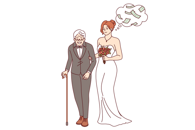 Marriage of convenience between mercantile young woman who thinks about money and older man  Illustration