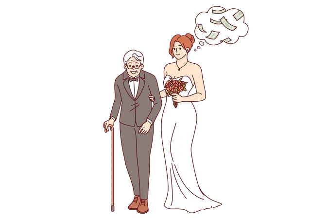 Marriage of convenience between mercantile young woman who thinks about money and older man  Illustration