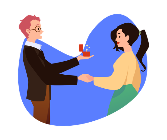婚約指輪をつけた美しいブルネットの女性にプロポーズするロマンチックな男性  イラスト