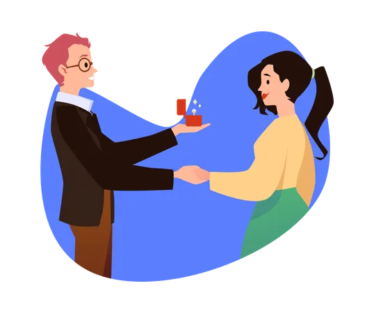 婚約指輪をつけた美しいブルネットの女性にプロポーズするロマンチックな男性  イラスト