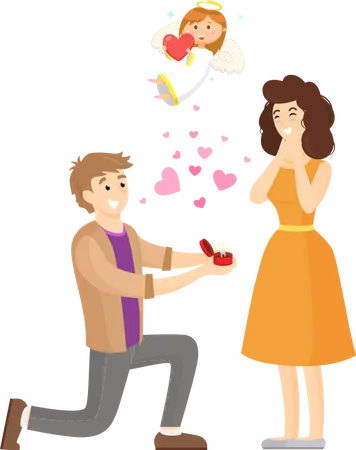 Man Standing On Knee And Making Proposition Vector Surprised Woman Angel Above People Bride And Groom Happy Of Engagement Marriage Of Pair In Love Illustration