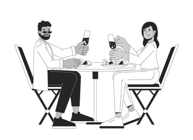 Married Couple Eating Dinner Black And White 2 D Line Cartoon Characters Lovers Drinking Wine Together Isolated Vector Outline People Dating Heterosexual Monochromatic Flat Spot Illustration Illustration