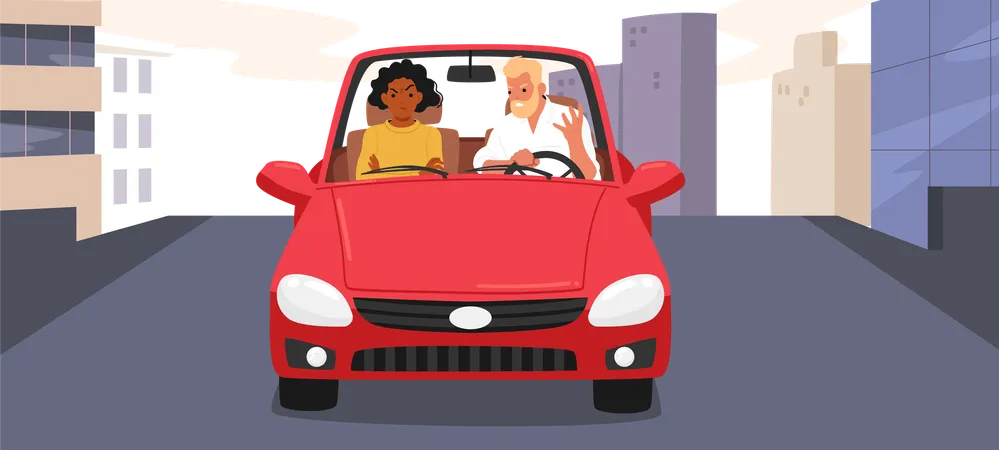 Married couple having problem in communication arguing in car while riding through city highway road  Illustration