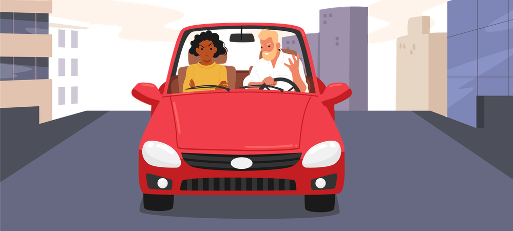Married couple having problem in communication arguing in car while riding through city highway road  Illustration