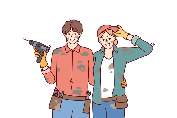 Married couple is engaged construction with own hands and poses in dirty clothes with screwdriver  イラスト