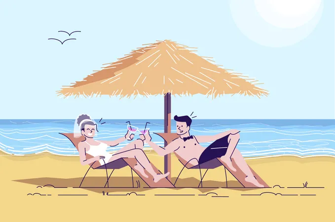 Married Couple On Beach Flat Doodle Illustration Bride And Groom On Loungers At Seaside Man And Woman On Honeymoon Indonesia Tourism 2 D Cartoon Character With Outline For Commercial Use Illustration