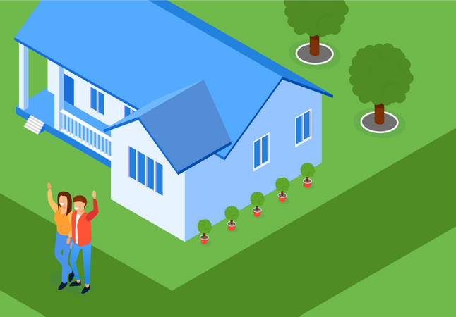 Married Couple on Lawn his House Laughs and Waves his Hands  Illustration