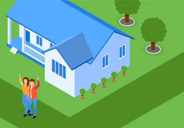 Married Couple on Lawn his House Laughs and Waves his Hands Illustration