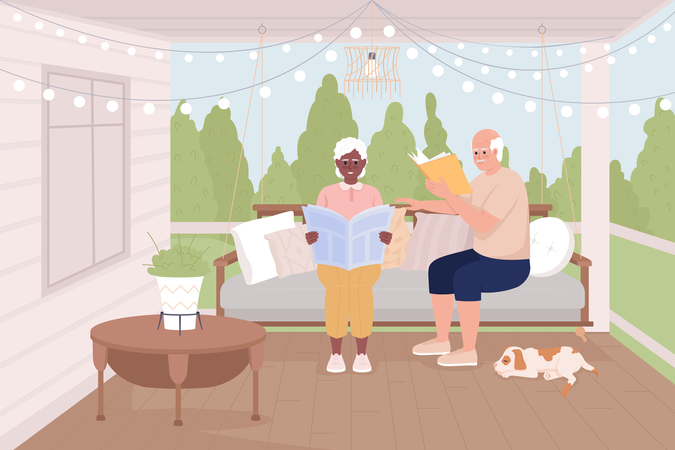 Married couple reading on cozy terrace Illustration