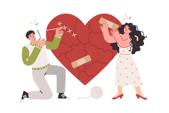 Married couple restores romantic relationships after trying on and mends broken heart  Illustration