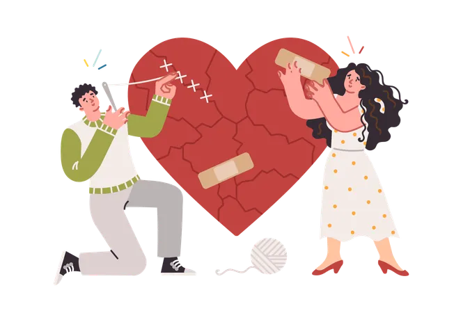 Married couple restores romantic relationships after trying on and mends broken heart  Illustration