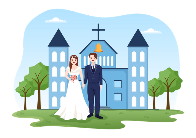 Married couple standing outside cathedral Illustration