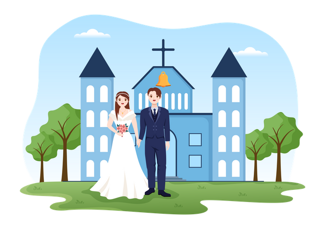 Married couple standing outside cathedral  Illustration