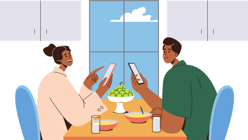 Married couple using digital gadget spending time at home Illustration