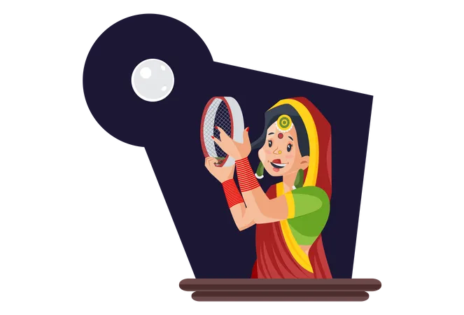 Married indian woman looking at moon using strainer  Illustration