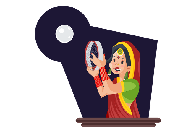 Married indian woman looking at moon using strainer  Illustration