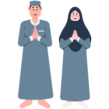 Married Muslim Couple Wishing You Happy Eid Al-Fitr  Illustration