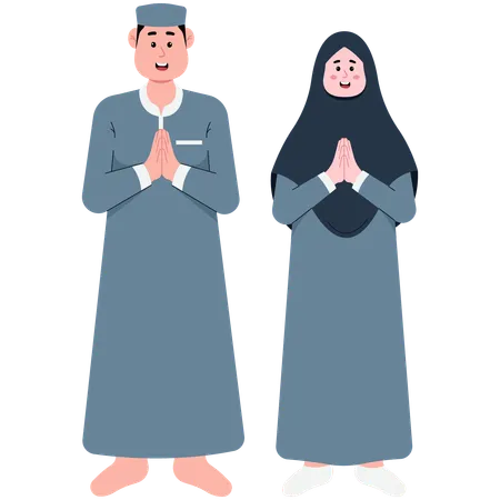 Married Muslim Couple Wishing You Happy Eid Al-Fitr  Illustration