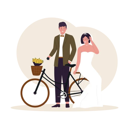 Happy Wedding Couple On Bicycle Illustration For Website Landing Page Mobile App Poster And Banner Trendy Flat Vector Illustration Illustration
