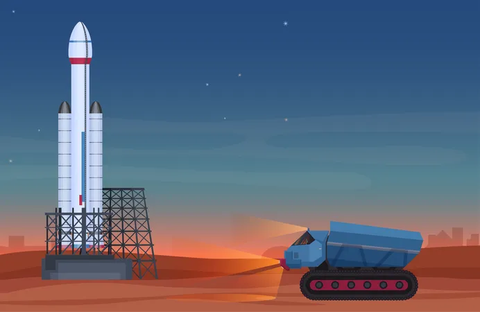 Mars rover reaching to rocket launch facility  Illustration